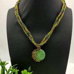 Beaded Bohemian Style Leaf and Peacock Pendant Necklace